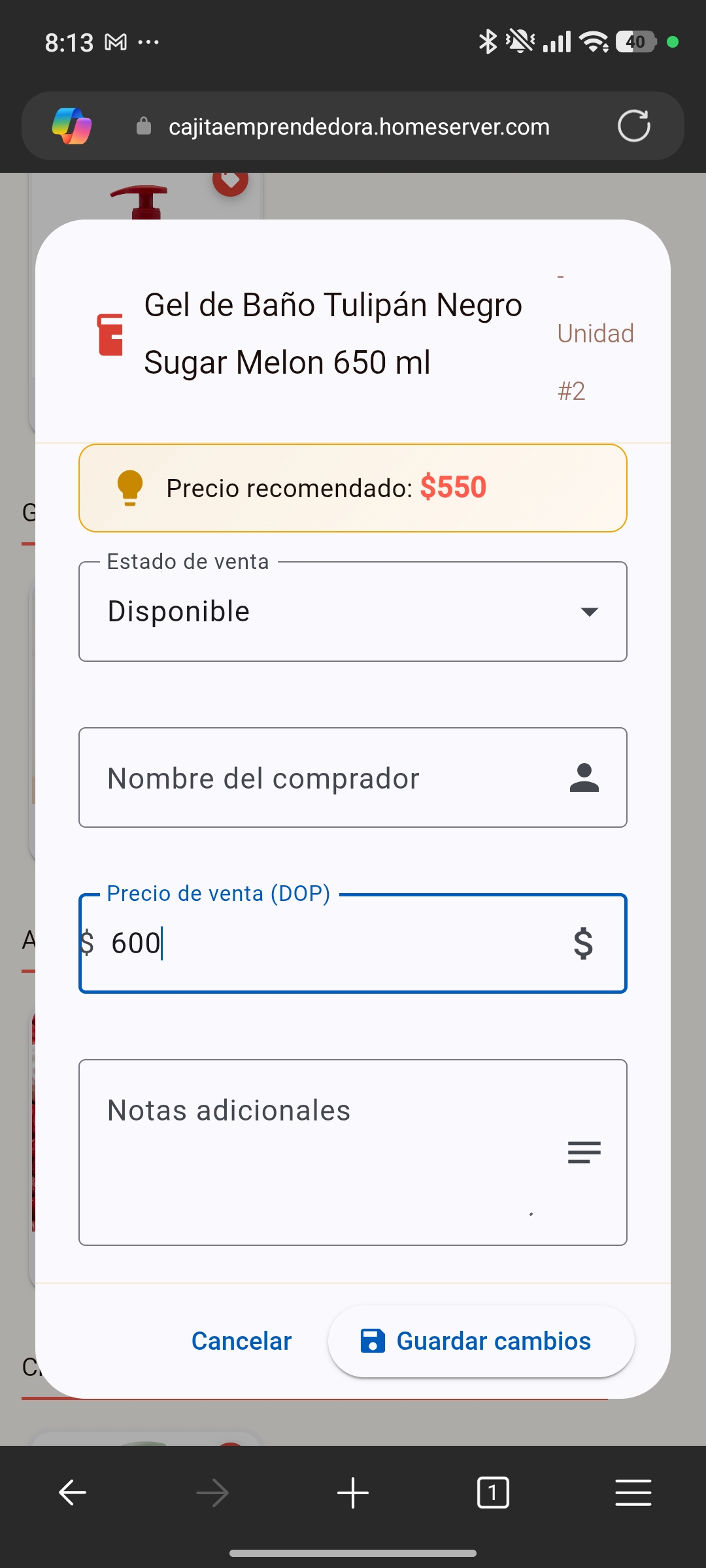 Captura de pantalla de la ficha de venta