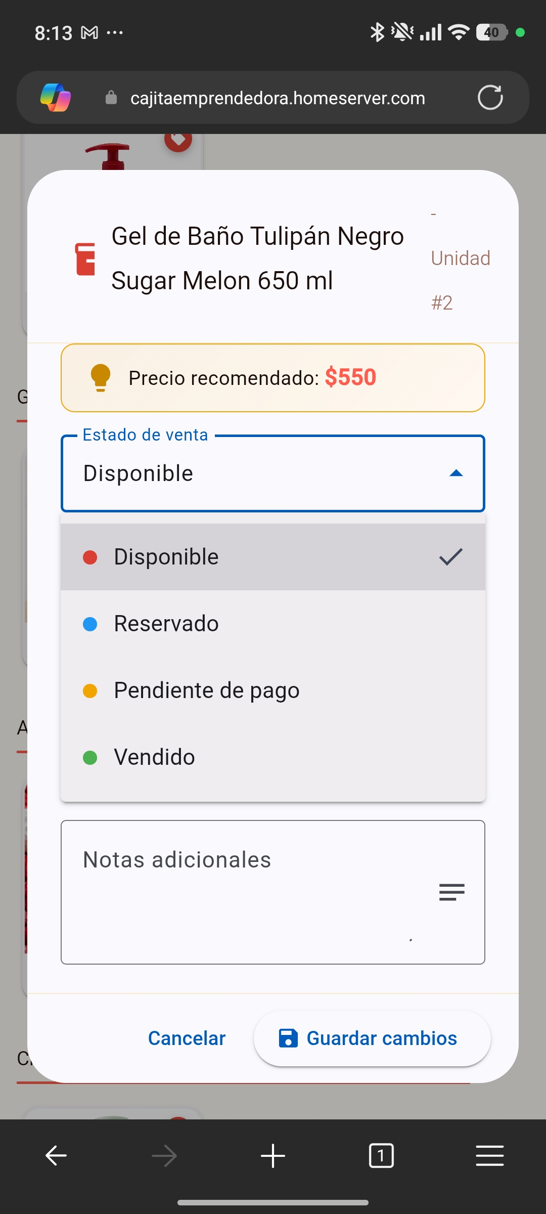 Captura de pantalla de los estados de venta